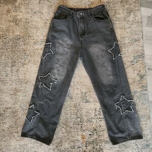 Star-Embellished Wide Leg Relaxed Fit Grey Washed Jeans | Large | 8-10